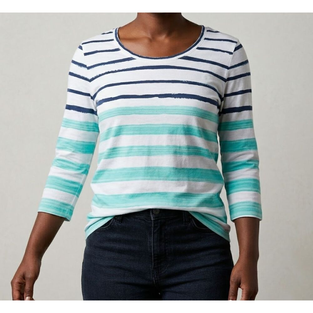 Weekends by Chicos Shirt Womens 0 Small Striped Scoop Neck Beachy 3/4 Sleeve